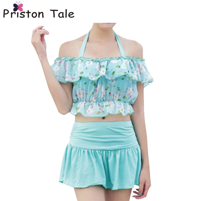 2017 New Girls Floral Print Chiffon Bikinis Set Beach Skirt 3pcs Set