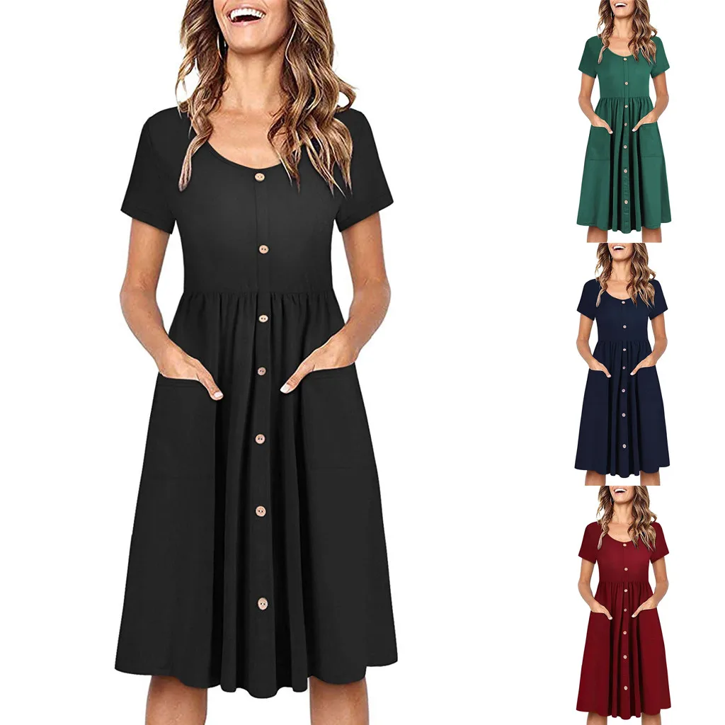 

Vestidos 2019 Women's Dresses Spring Summer Dress Women Short Sleeve Solid Round Neck Button Sundress Pockets Casual Swing Dress