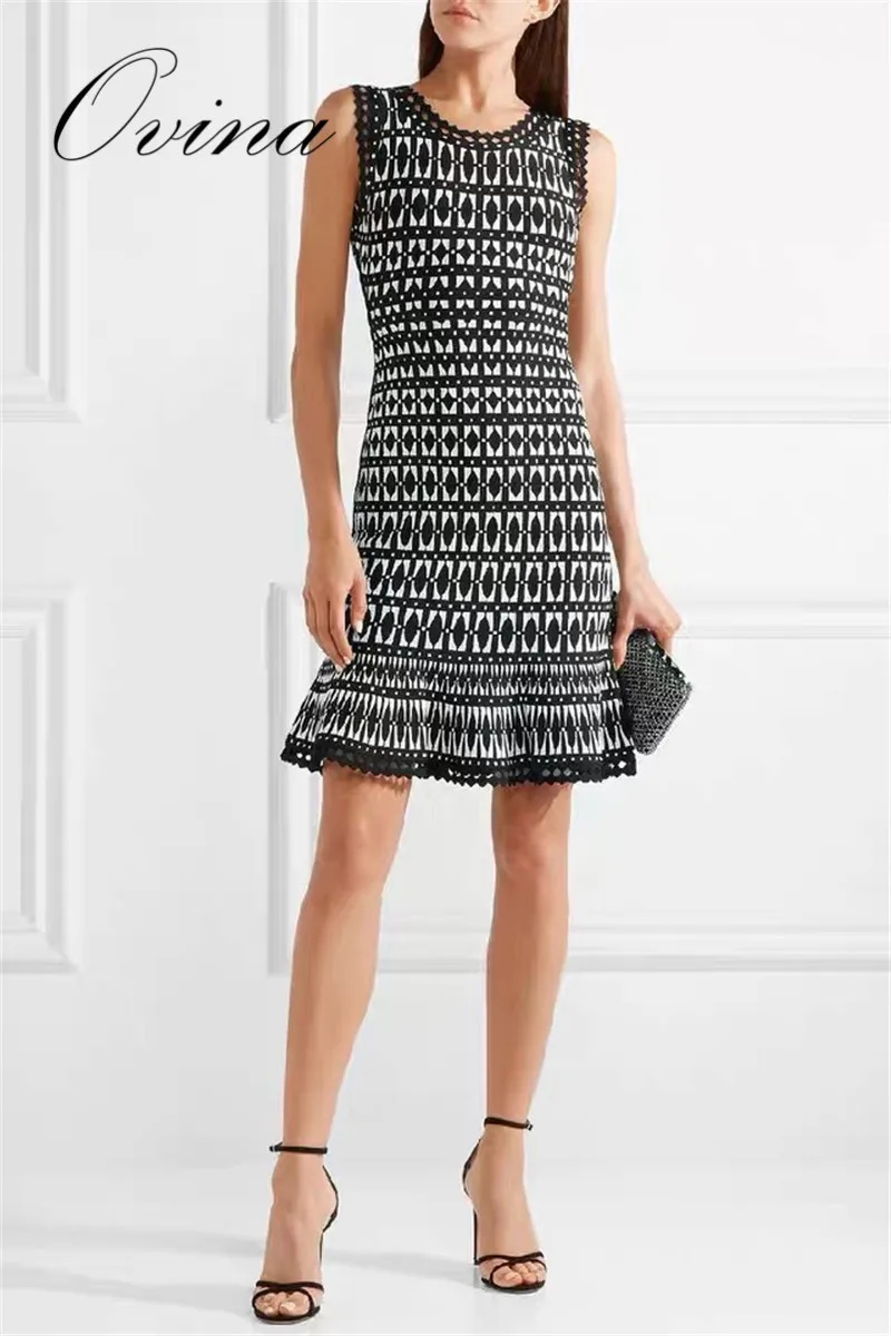 

Top Quality Black Jacquard Pattern Sleeveless A Line Rayon Bandage Dress Women Party Dress