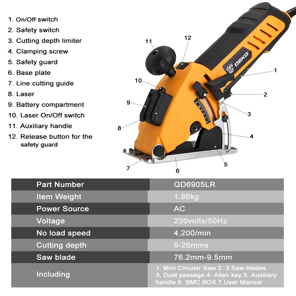 DEKO мини-циркулярная пила электроинструменты с лазером, 4 лезвия, пылесборник, шестигранный ключ, вспомогательная ручка, BMC коробка электропила