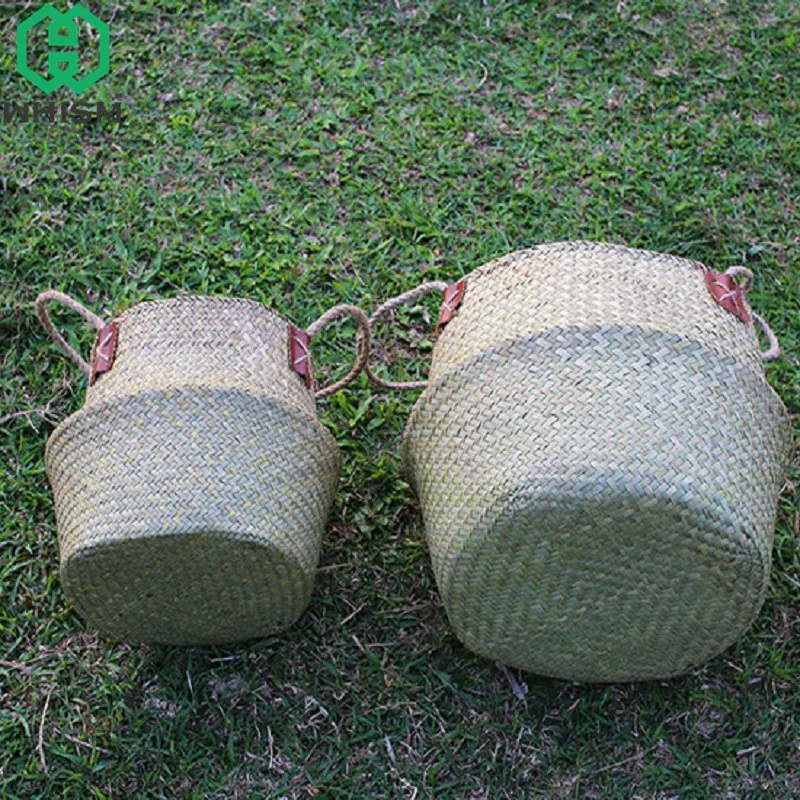 S/M/L/XL/XXL Handmade Rattan Belly Plant Flower Basket Wicker Handle Nursery Pots Planter Straw Organizer Vase Garden Home Decor