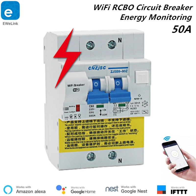 

2P 50A Smart RCBO Circuit Breaker With Power Monitoring eWelink Wireless Control WiFi Circuit Breaker Shortcut Protection IFTTT