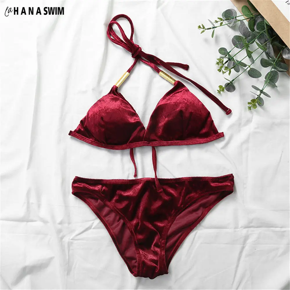 

Womens New Velvet Thong Bikini Set Bandage Swimsuit Velvet Red Swimwear Bandage Push-up High Quality Bathing Suit Beachwear