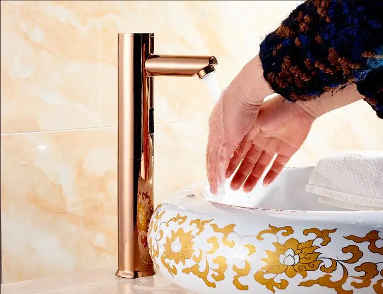 US $70.92 Brass Bathroom Sink Faucet Basin Faucet Automatic Sensor Mixer Touch Free Sensor Gold Faucet Single Cold Automatic Hands Tap