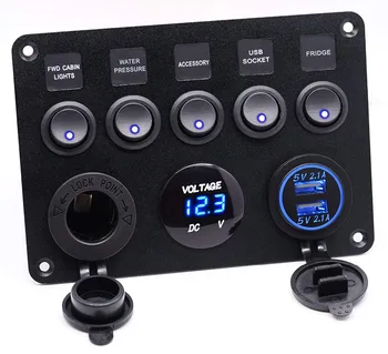 

Dual USB Socket Charger 2.1A&2.1A + LED Voltmeter + 12V Power Outlet + 5 Gang ON-OFF rocker Switch Multi-Functions Panel for Car