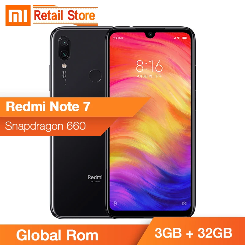 

Original Global Rom Xiaomi Redmi Note 7 Note7 3GB+32GB Cellphone 48.0+5.0MP Camera Snapdragon 660 Octa Core 6.3 Inch Full Screen
