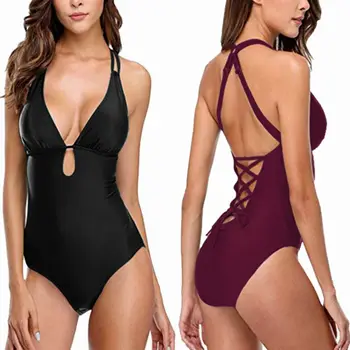 

Summer Women One-piece Swimsuit V Neck Halter Lace Up Back Padded Monokini Swimwear Bathing Suit Diving Surfriding Beachwear