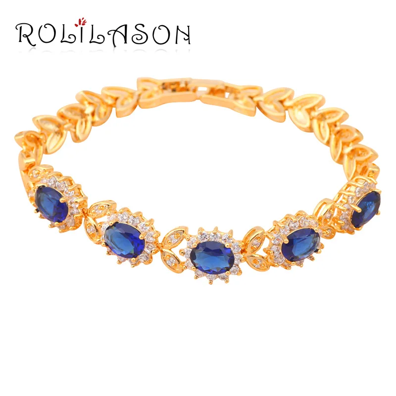 Браслеты Женские ROLILASON золотистого цвета с голубым кристаллом и Цирконом AAA не
