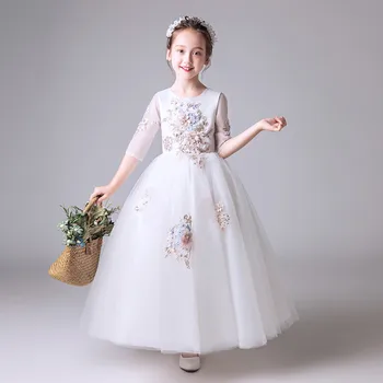 

White Embroidery Flowers Girls Dress For Birthday Wedding Tulle Long Dress Children Kids Christmas Princess Costume Dress3~15T