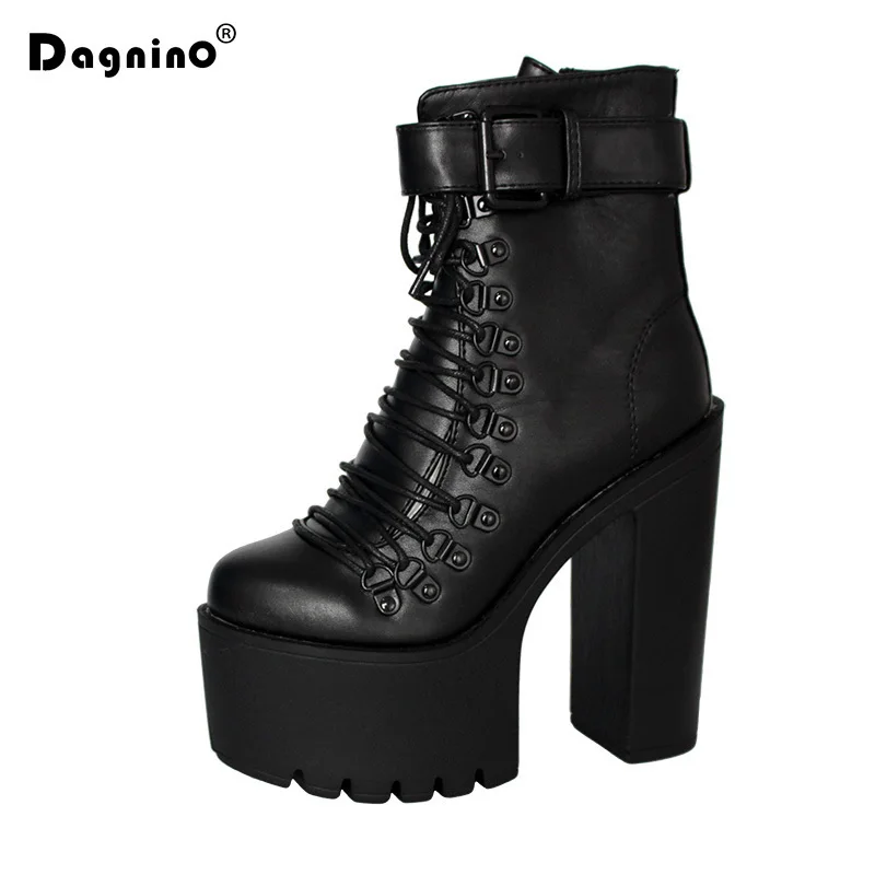 Fashion Motorcycle Boots Women Leather Spring Autumn Metal Buckle Super High Heels Shoes Zip