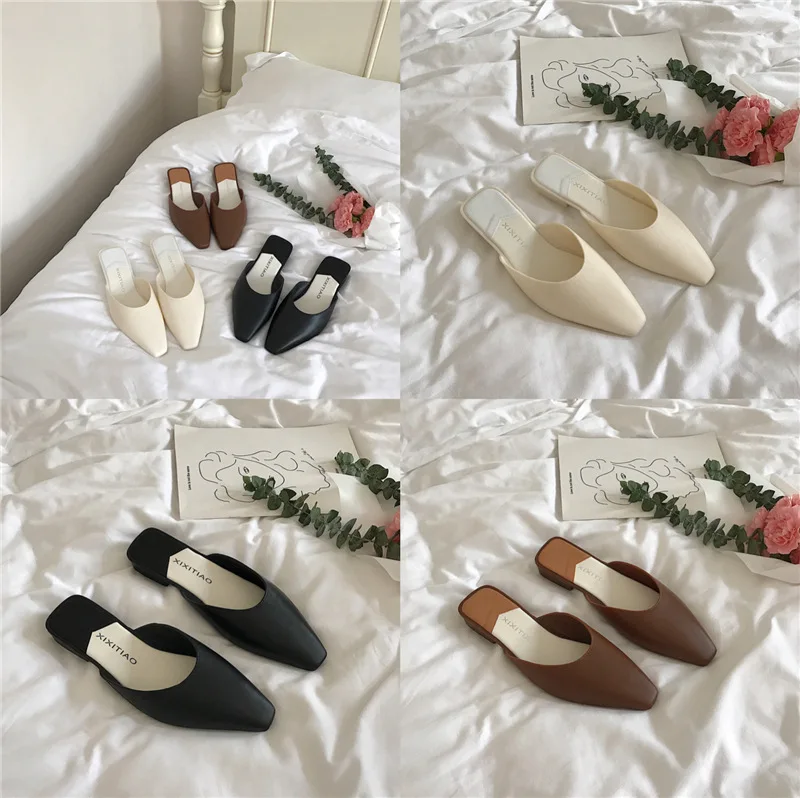 

Korean Ins Summer Vintage Women Shoes Flat Slippers Casual Slides Sandal Ladies Slip On Low Heel Comfort Female Slippers