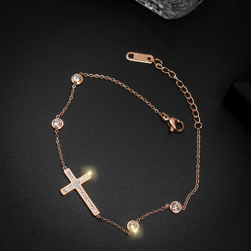 

Stainless Steel Fine Zircon Cross Fashion Bracelet For Women Rose Gold Color Classic Simple Jewelry