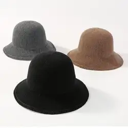 Осень-зима шапка для Для женщин плотная мягкая вязаная шапка однотонная теплая Для женщин Панама с широкими полями Рыбалка шляпа для