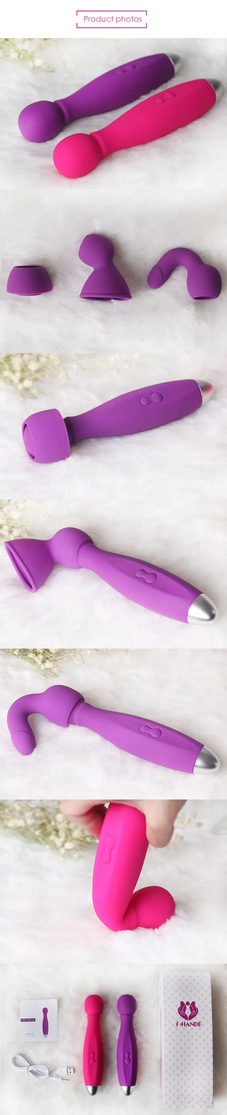 SHD-S001 Silicone Pink/Purple Color Magic Wand Vibrator Dildos for Women G Spot with 3 Massager Headgear and 7 Mode Vibration 12