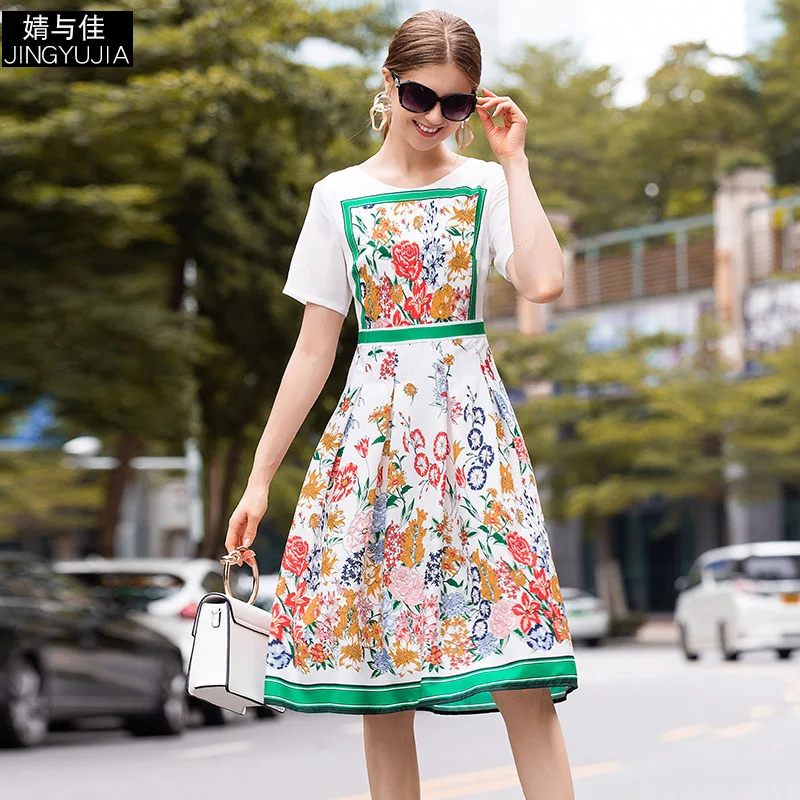 

Dress Summer 2019 Women's New Fashion Printed Patchwork Round Neck Short Sleeves Slim Fake Two Piece Dress Knee Length S-XL