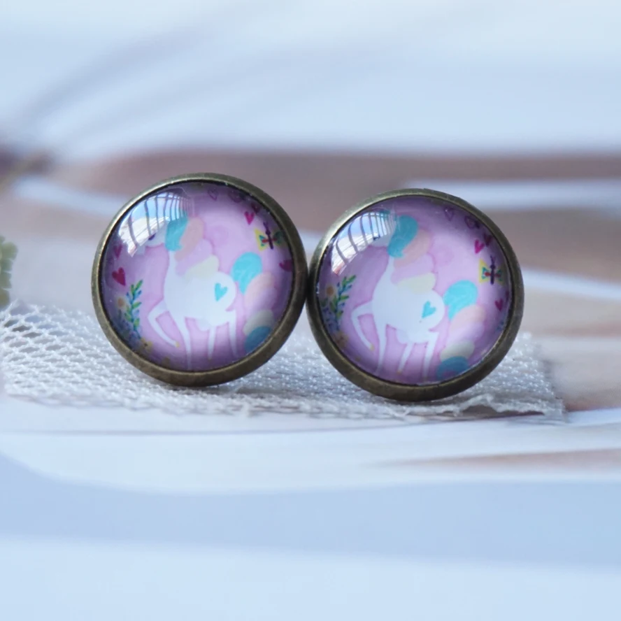 Pink Unicorn Earring woman Fashion round glass Earing studs handmade