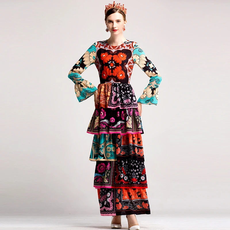 HIGH QUALITY Fashion 2017 Designer Runway Maxi Dress Women's Elegant Long Sleeve Retro Floral Printed Cake Ruffles Long Dress long-floral-maxi : image HIGH QUALITY Fashion 2017 Designer Runway Maxi Dress Women's Elegant Long Sleeve Retro Floral Printed Cake Ruffles Long Dress long-floral-maxi