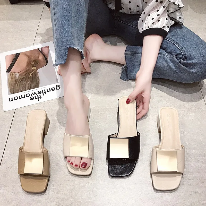 

Cremulen 2019 New Summer Women Open Toes Slipper Med Square Heels Metallic Sandals Outdoor Lady Shoes