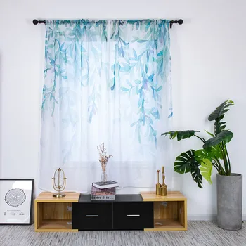 

2pcs Plant Print Double Curtain Tulle Window Treatment Drape Valance Simple Curtain Wear Rod Modelшторы