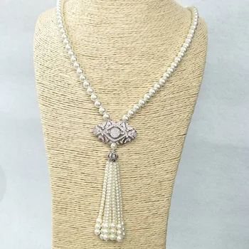 

5pcs CZ zircon crystal Micro pave charm Pendant Connector,Natural Shell Pearl Beads Chain tassels Women Necklace NK222