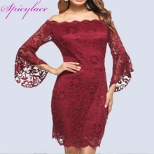 Spicylace Woman Red Bodycon Dress Elegant Slash Neck Sexy Off Shoulder Lace Dresses Sexy Flare Sleeve Bandage Party Vestidos plain slash neck flare sleeve bodycon dress