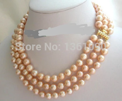 

000480 wonderful 3rows 9-10mm round pink freshwater pearls necklace 14KGP