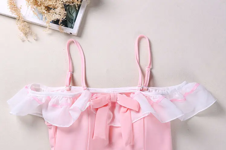 Japanese Soft Girl Sweey Style White Ruffles Kawayii Pink Bodysuits With Bowknot Sexy Sleeveless Bodycon Beach Swimwear Women7