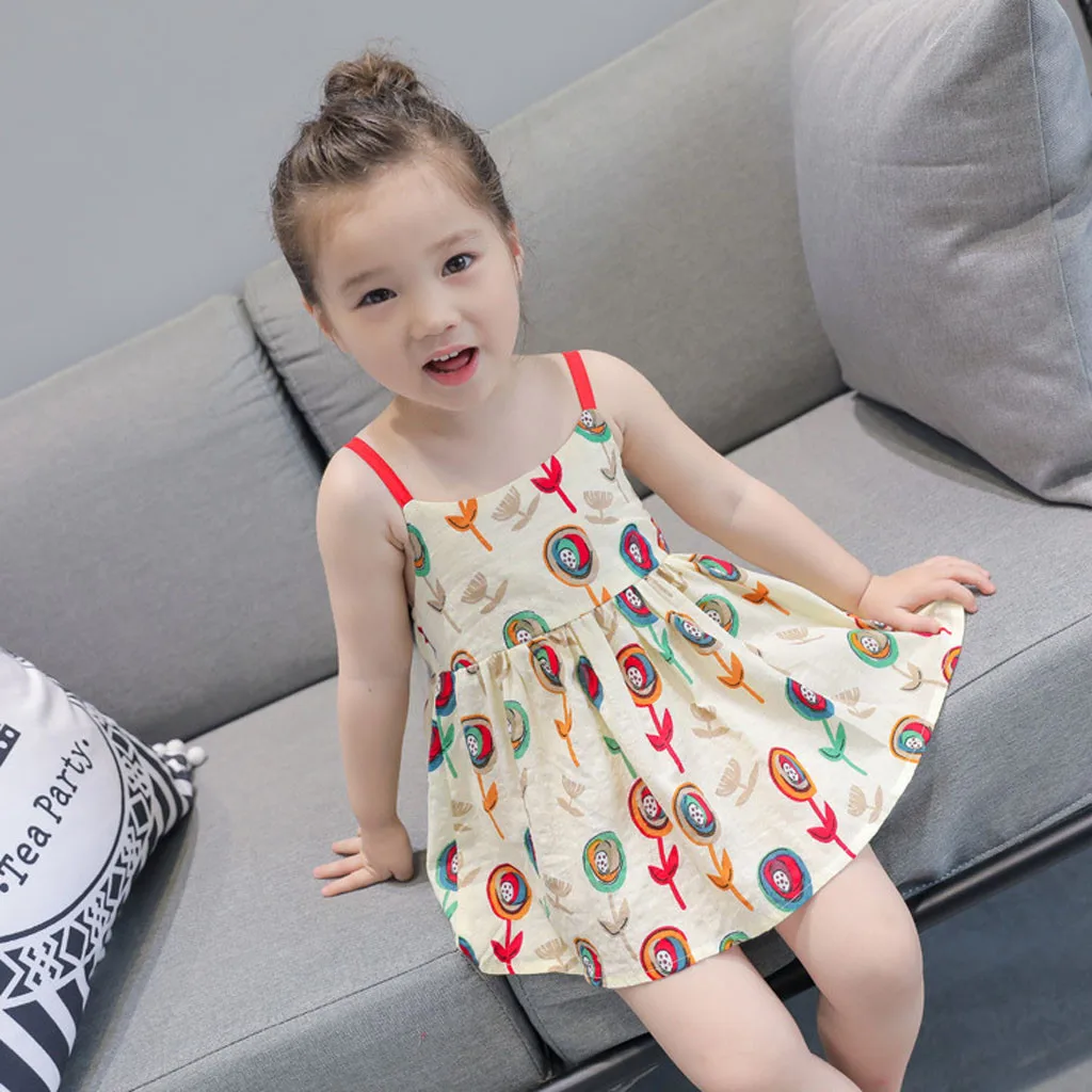 

Toddler Infant Baby Girls Cartoon Floral Sleeveless Strap Princess Dress Outfits L315