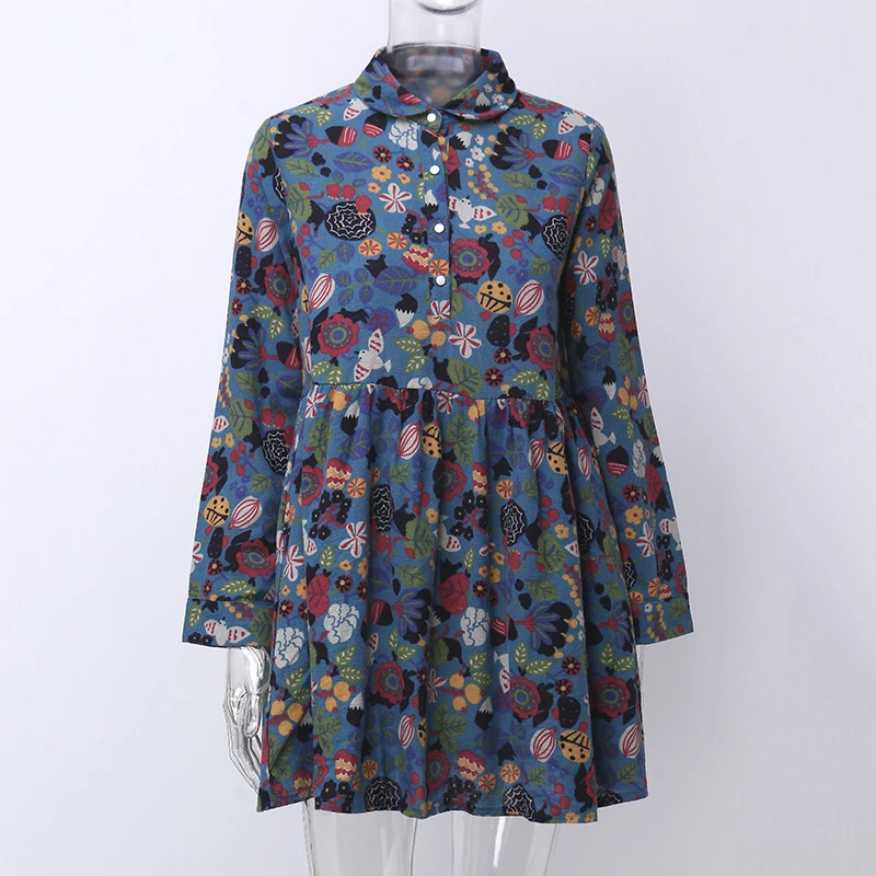 Винтажное женское платье-рубашка с цветочным принтом, Осеннее Плиссированное Повседневное платье с отворотом и длинным рукавом, повседневное свободное платье с отложным воротником