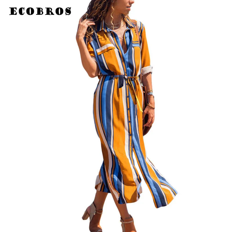 

ECOBROS 2019 Woman Summer fashion striped V-Neck Dress long sleeve beach dresses women Chiffon shirt dress with belt vestidos