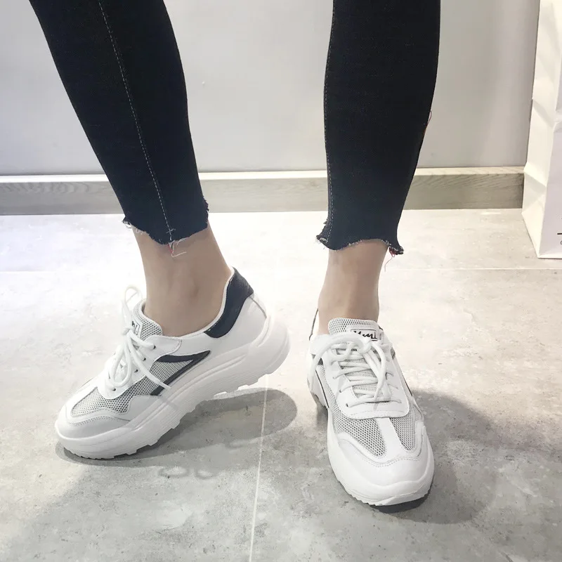 

Jookrrix Autumn Fashion Brand Lady Casual White Shoes Women Mesh Sneaker Leisure Thick Soled Shoes Flats Cross-tied Breathable