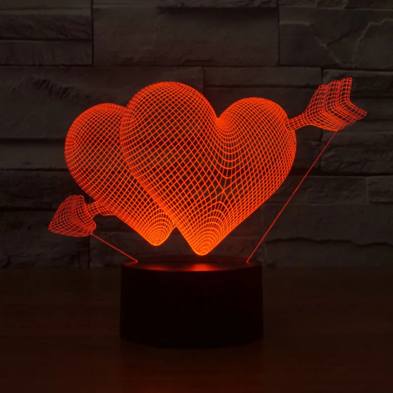 Beautiful RGB Love Heart Shape 3D Cupid's Arrow Night Light Bedroom
