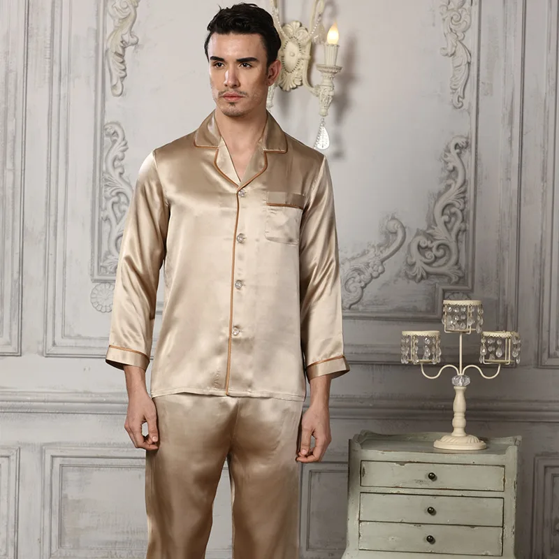 2020 New Genuine Silk Pajamas Man Two-Piece Sets 100% Silkworm Silk Sleepwear Male Comfortable Home Wear 16195
