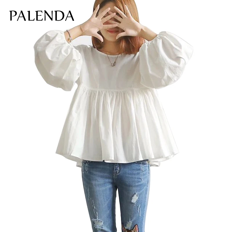 

2018 new puff sleeve cute sweet girl A-line blouse cotton shirt white color large size loose