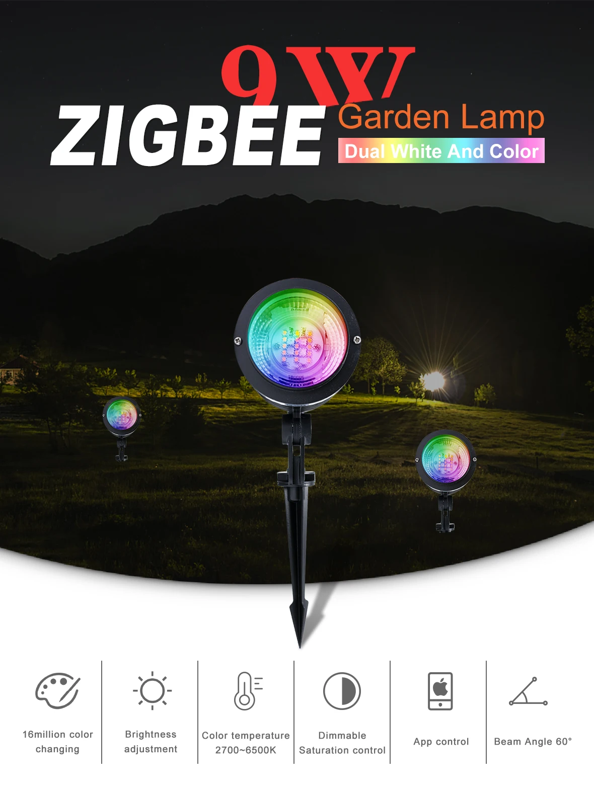 ZIGBEE светодиодный светильник для сада, 9 Вт, RGB+ CCT, приложение контроля цветовой температуры, регулируемый цвет, для сада, открытый свет работает с amazon echo