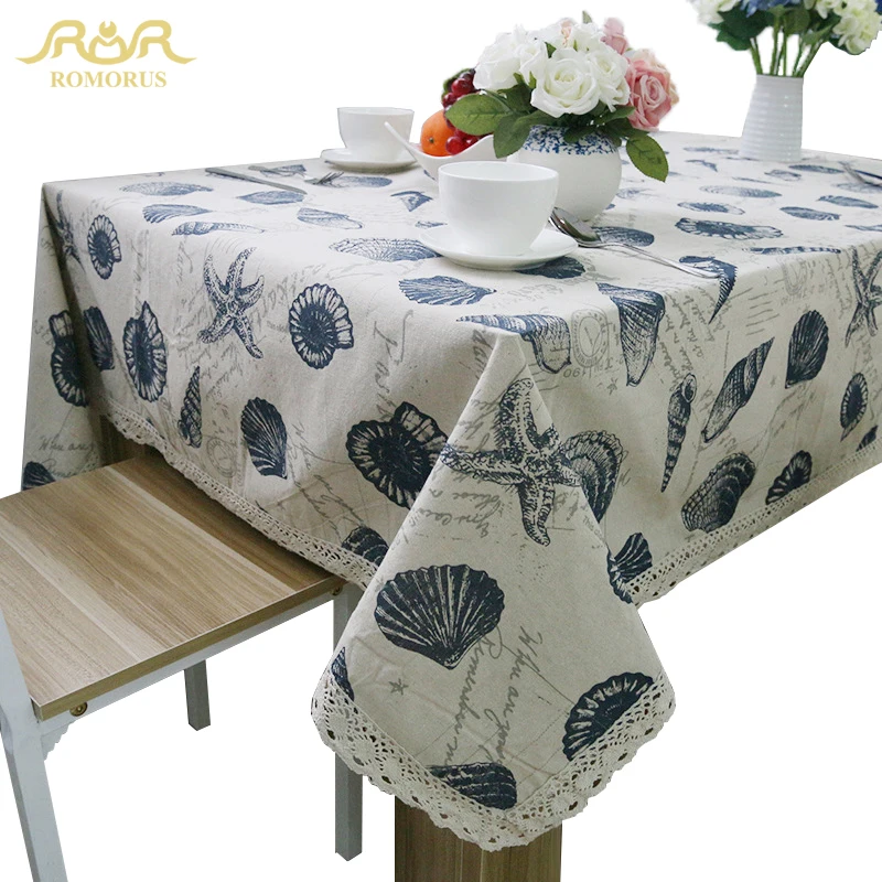

Europe Style Linen Cotton Table Cloth Rectangular Lace Edge Linen Tablecloths Sea Shells Cover Towel for Picnic ROMORUS Hot Sale