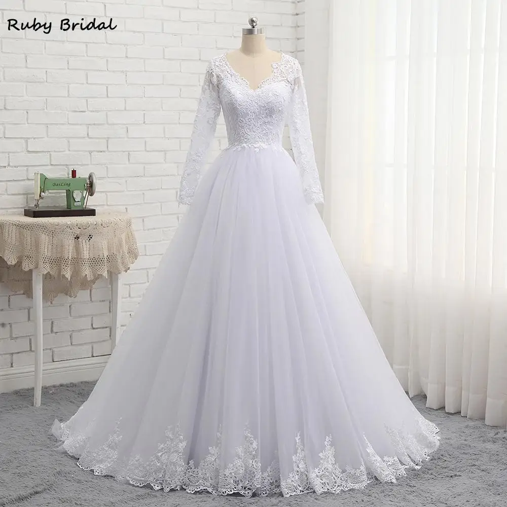 

2019 New Arrival Long Vestidos De Noiva A-line White Tulle Appliques Wedding Dresses Long Sleeves Wedding Party Gown PW926
