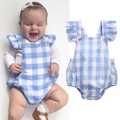 

Cute Toddler Blue Plaid Jumpsuit Hot Baby Girl Summer Backless Bodysuit kids Sleeveless Outfits
