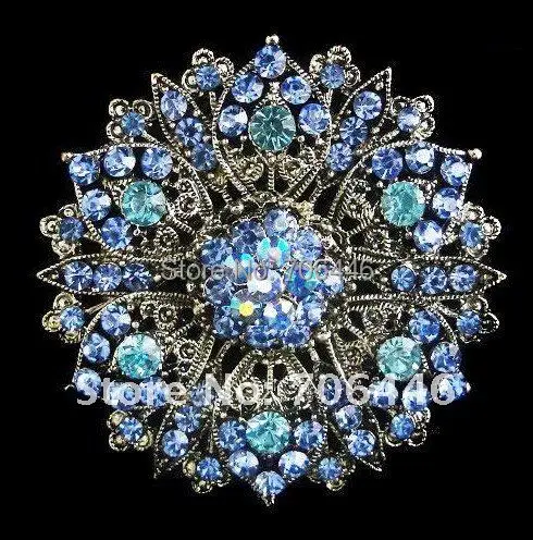 

Vintage Silver Tone Large Size Alloy and Blue Rhinestone Crystal Brooch