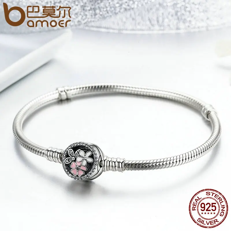 Najtaniej BAMOER autentyczne 925 Sterling Silver poetyckie Daisy Cherry Blossom mieszane emalie i wyczyść CZ wąż łańcuch bransoletka biżuteria PAS919