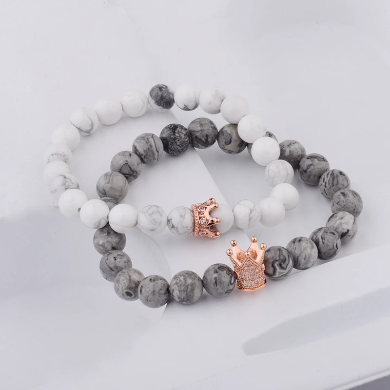 

Amader 2018 Hot Charm Men Couple Bracelets Handmade Distance Gray&White Cz Crown Beads Stone Bracelet Lovers Women Gift AB249