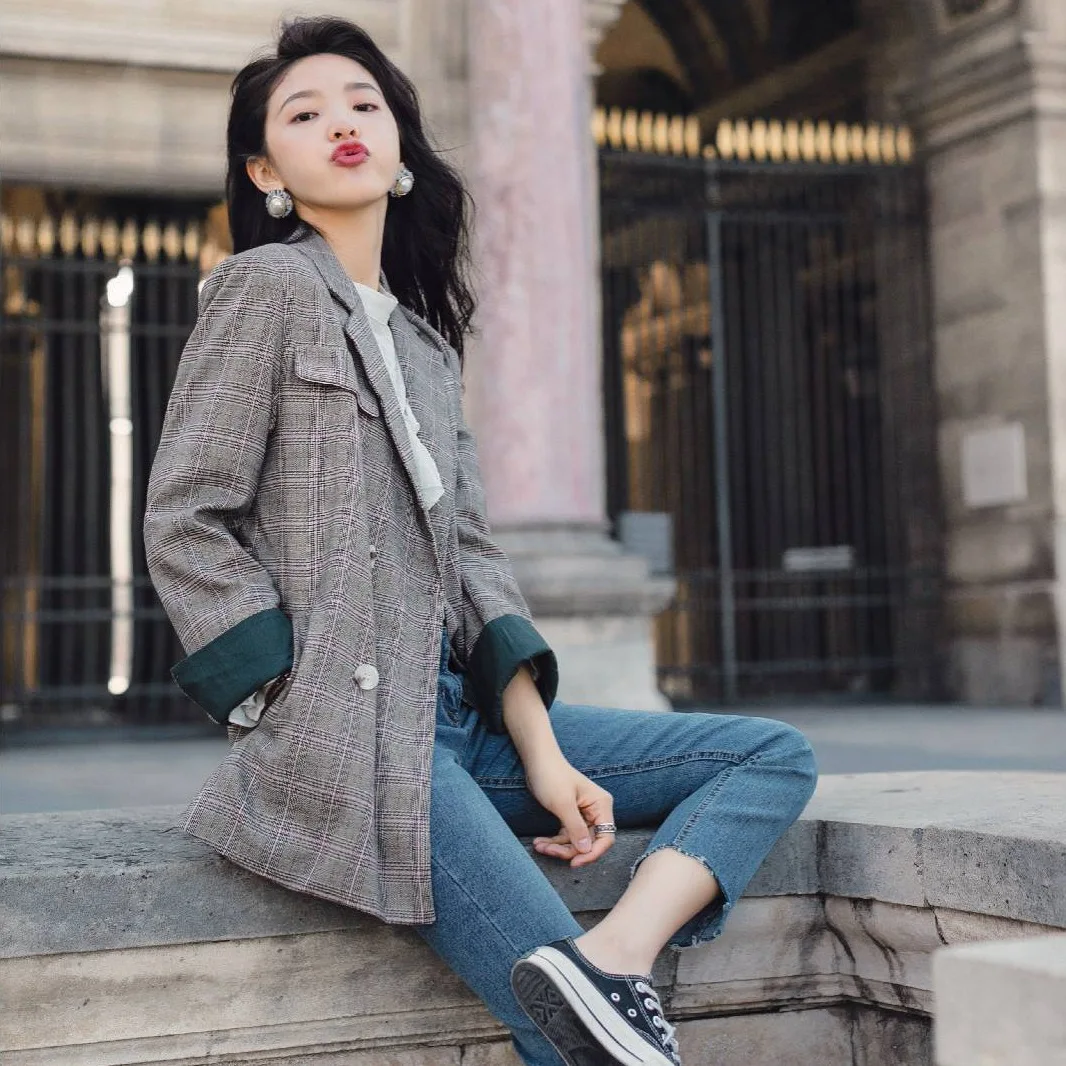 Real Shot Chic Chic Waist Plaid Small Suit Jacket Female Korean 2018 British Style New Casual Women's Double Breasted Blazers Real Shot Chic Chic Waist Plaid Small Suit Jacket Female Korean 2018 British Style New Casual Women's Double Breasted Blazers