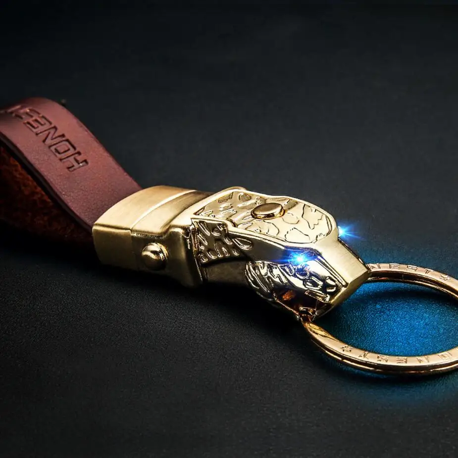 

Honest Luxury Car Key Chain Creative LED Lighting Custom Lettering Men Keychains Leather Rope Jewelry Key Holder Ring Best Gift