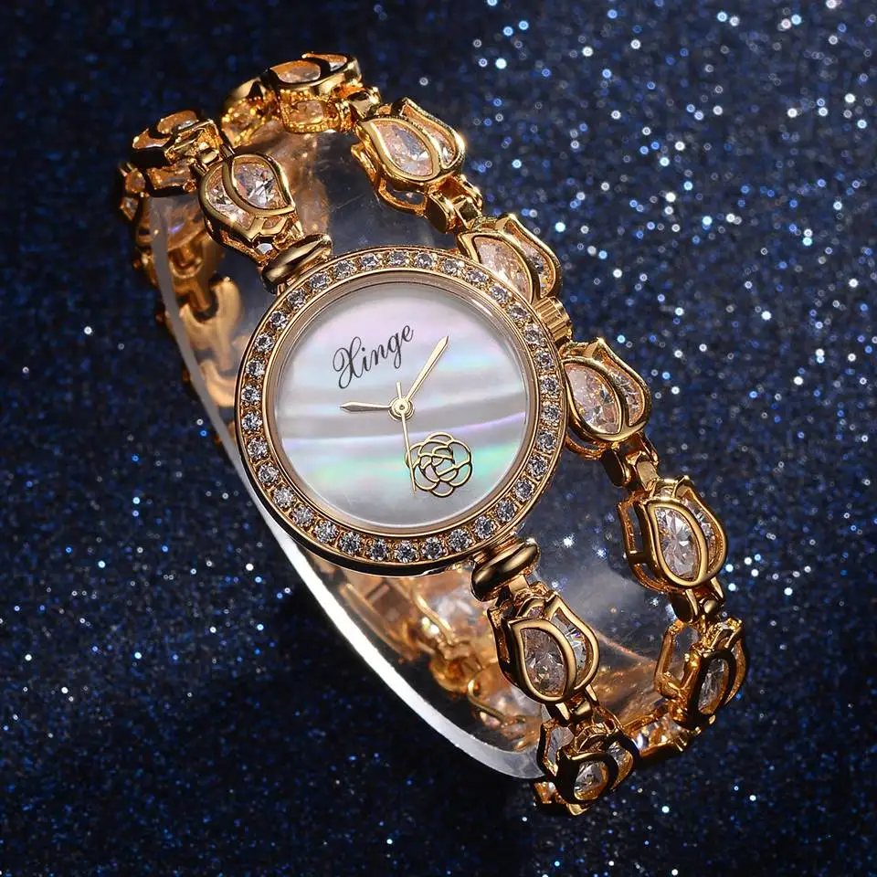 

Xinge Luxury Jewelry Brand Watch Women's Dress Watch Cubic Zircon Flowers Band Luxury Full Crystal Bracelet Quartz Clock Ladies