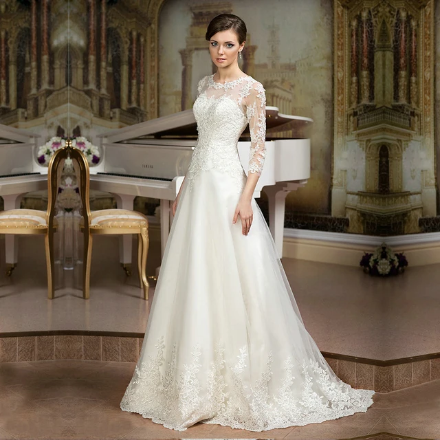 Elegant Lace Tulle Wedding Dresses Simple Design 3 4 Sleeve Elegant Lace Tulle Wedding Dresses Simple Design 3 4 Sleeve Rustic Dress