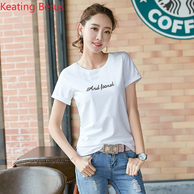 

2019 Women's Summer White T-shirt Loose Plus Size Round Neck Short-sleeved White Letter Top Fashion Women's Wholesale Low Price