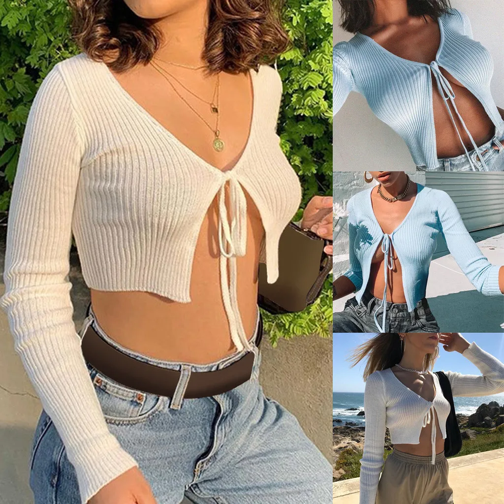 

New Tshirt Women Fashion Solid Color V-Neck Strappy Long Sleeve T-shirt Casual Tops Camiseta Mujer Top Women Harajuku T Shirt