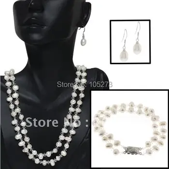

18inch Double Strands Freshwater Pearl & Crystal Necklace Bracelet Earring Pearl Jewelry Set wholesale new free shipping