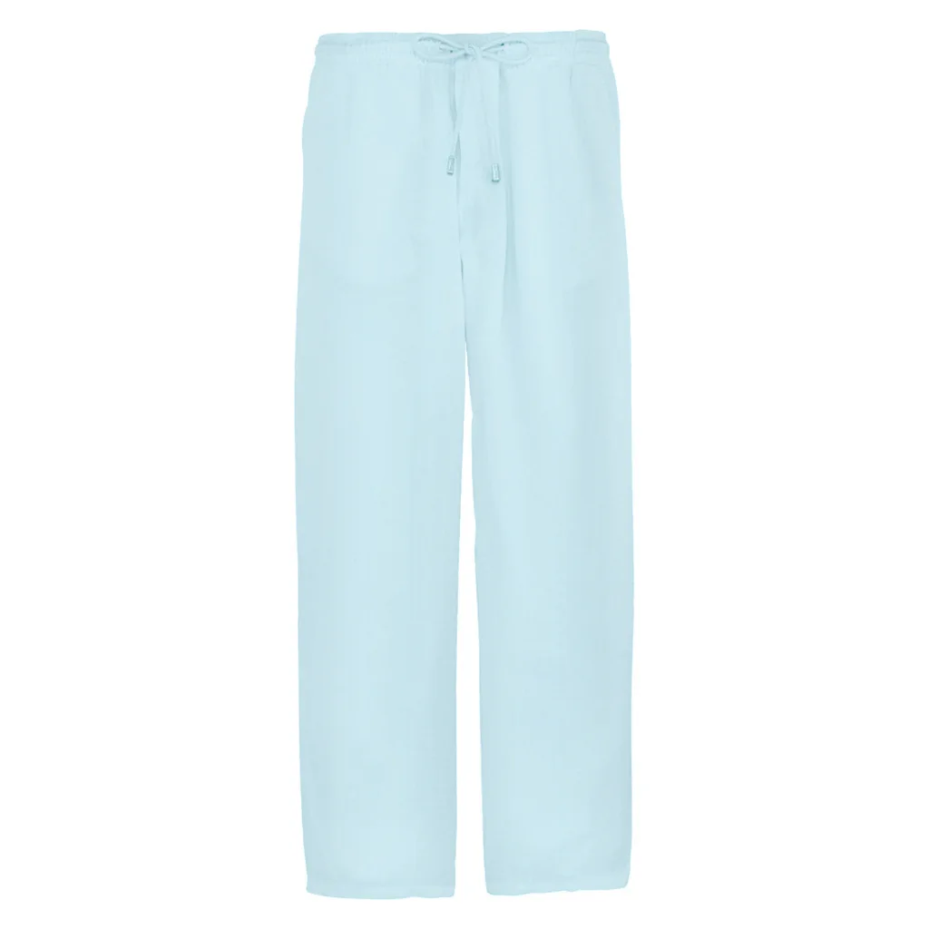 Men straight pants summer Fashion Solid Color Breathable Loose Fit Drawstring Trousers Long beach holiday home casual Pants male