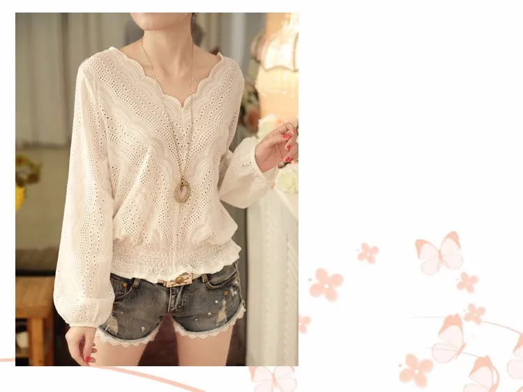 Blusas Femininas 2016 Spring Autumn Women Fashion Plus Size Hollow out Lace Blouse Long Sleeve Sexy Loose White Tops Shirt A602 d